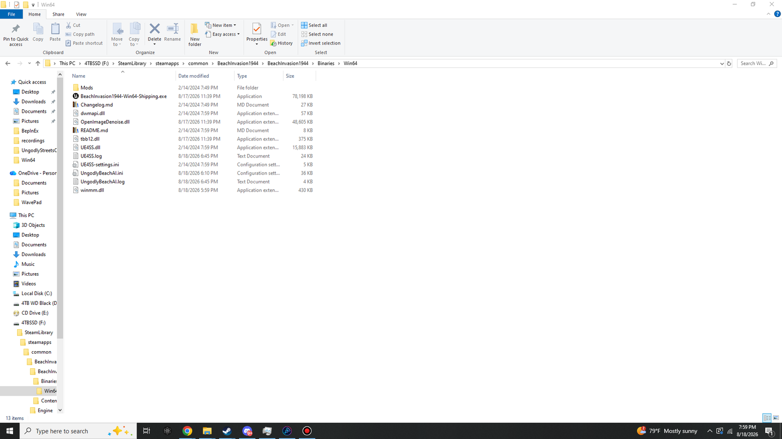 Windows Explorer showing the Beach Invasion 1944 Win64 folder with 13 items: the Mods folder, the game executable, UE4SS files and the mod files.